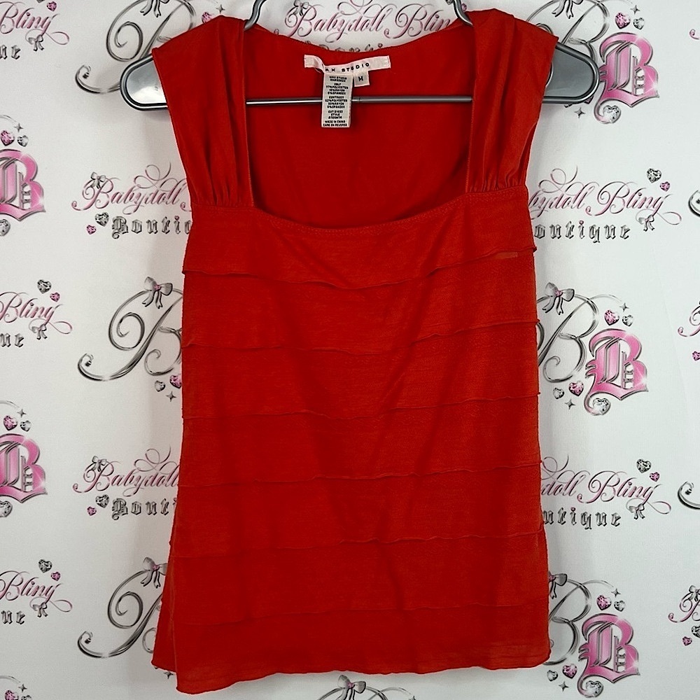 Max Studio tank top ruffle tiered square neck Vibrant Red Tank Top